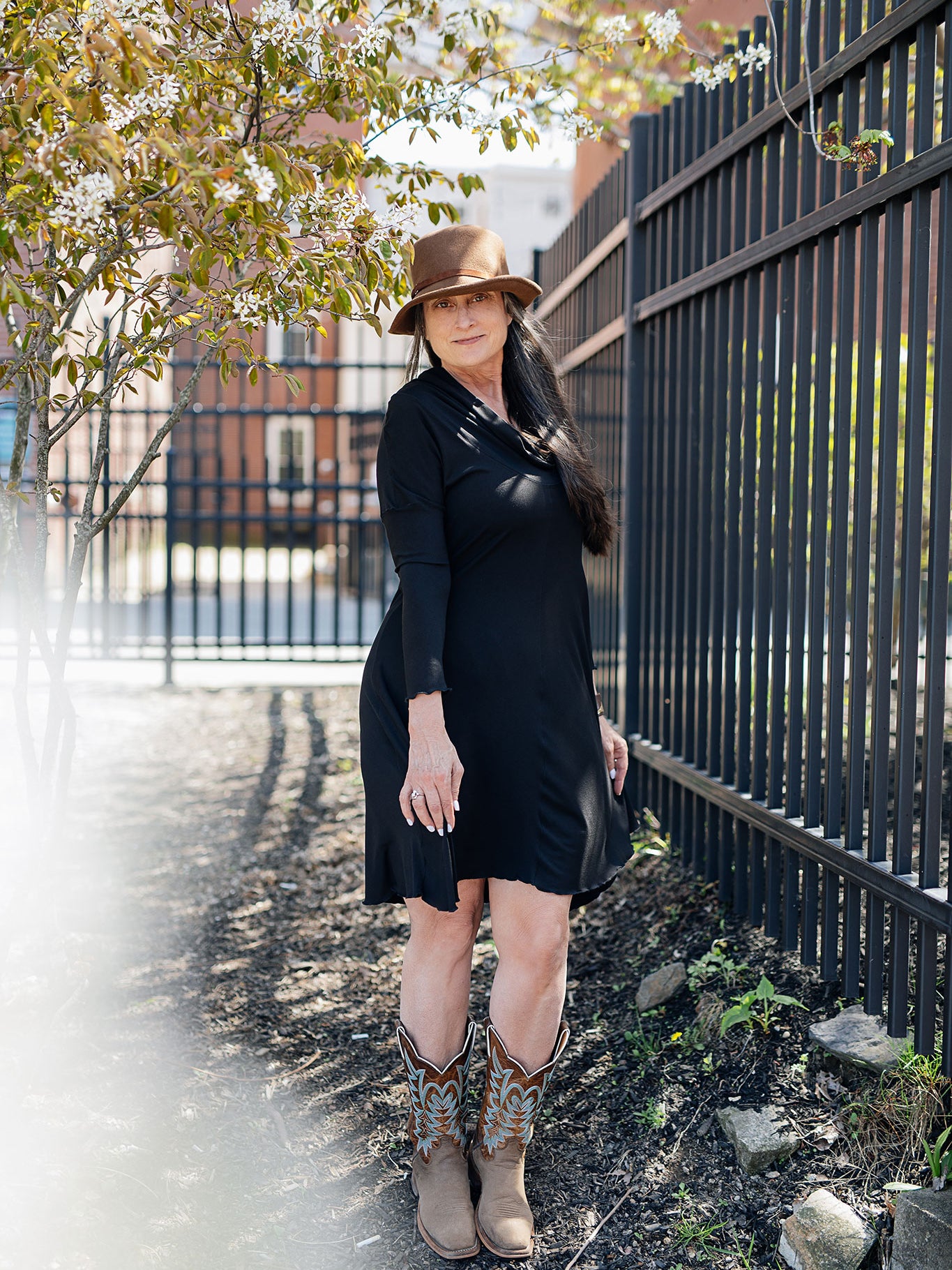 suger® gale cowl neck tunic dress in black 