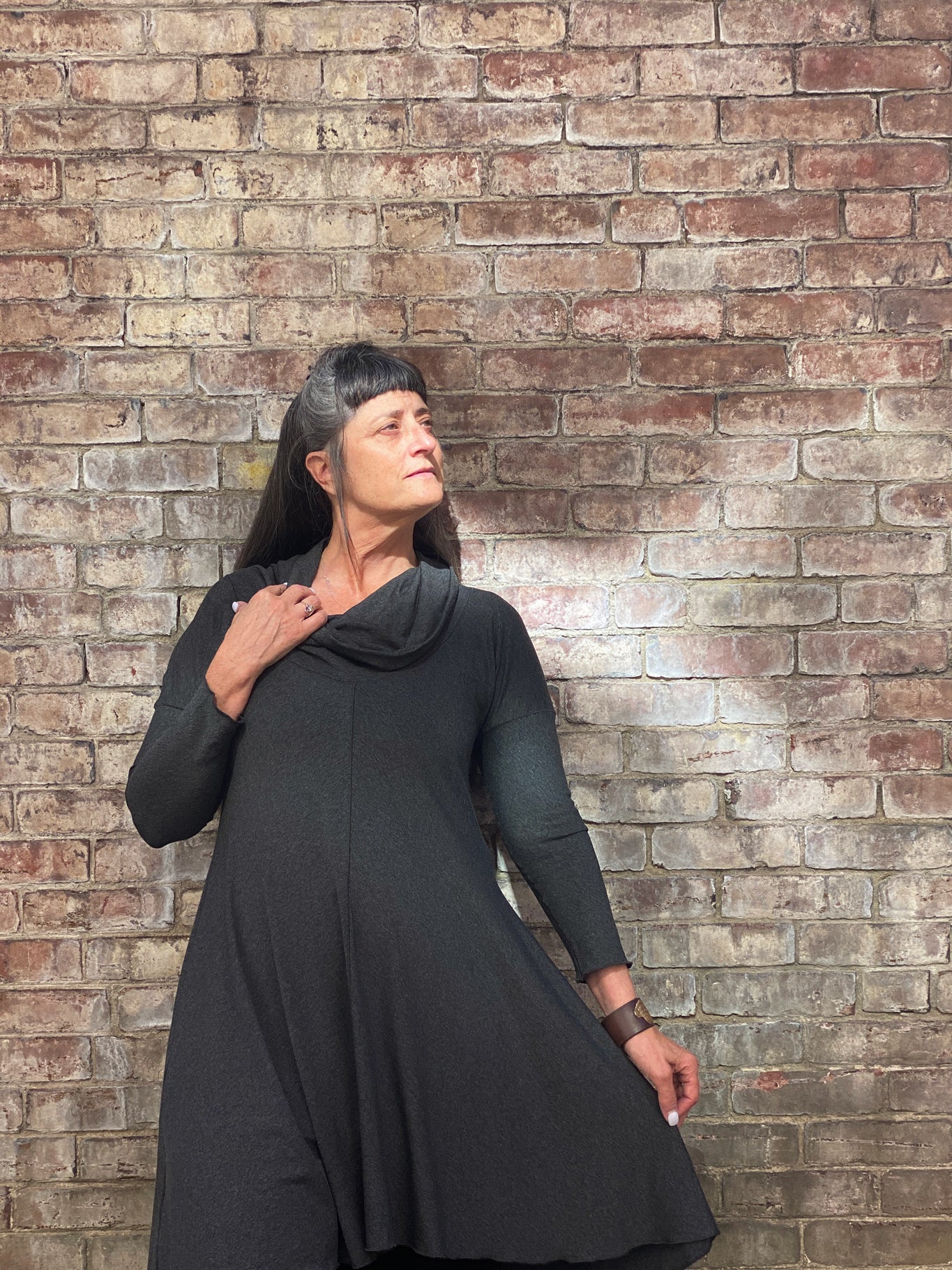 gale cowl neck tunic dress in charcoal