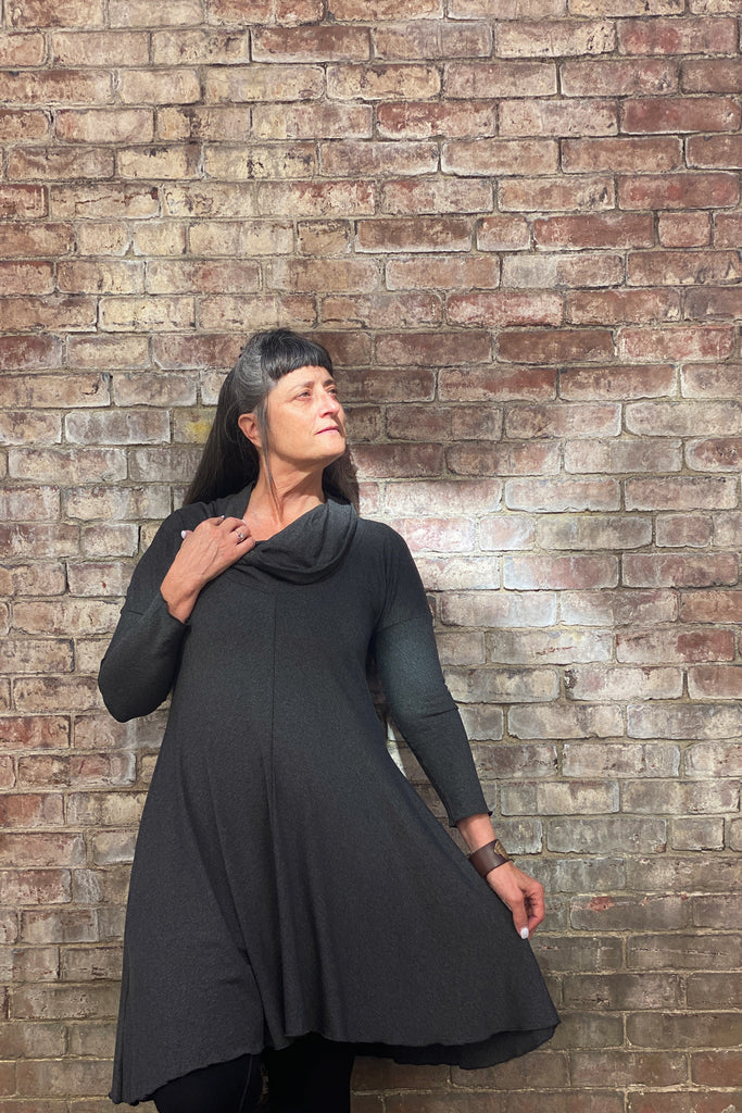 gale cowl neck tunic dress in charcoal