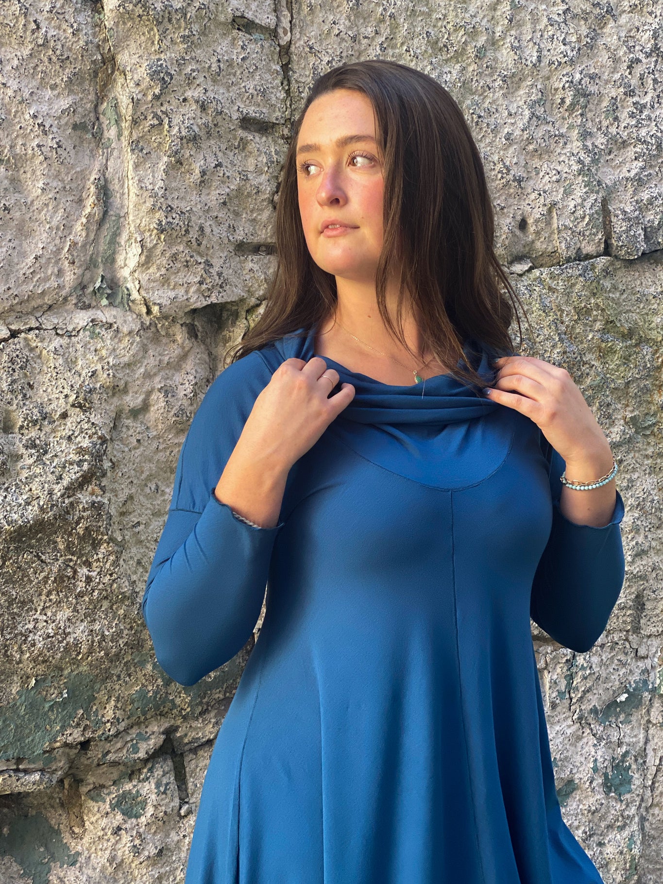 gale cowl neck tunic dress in tissue lake