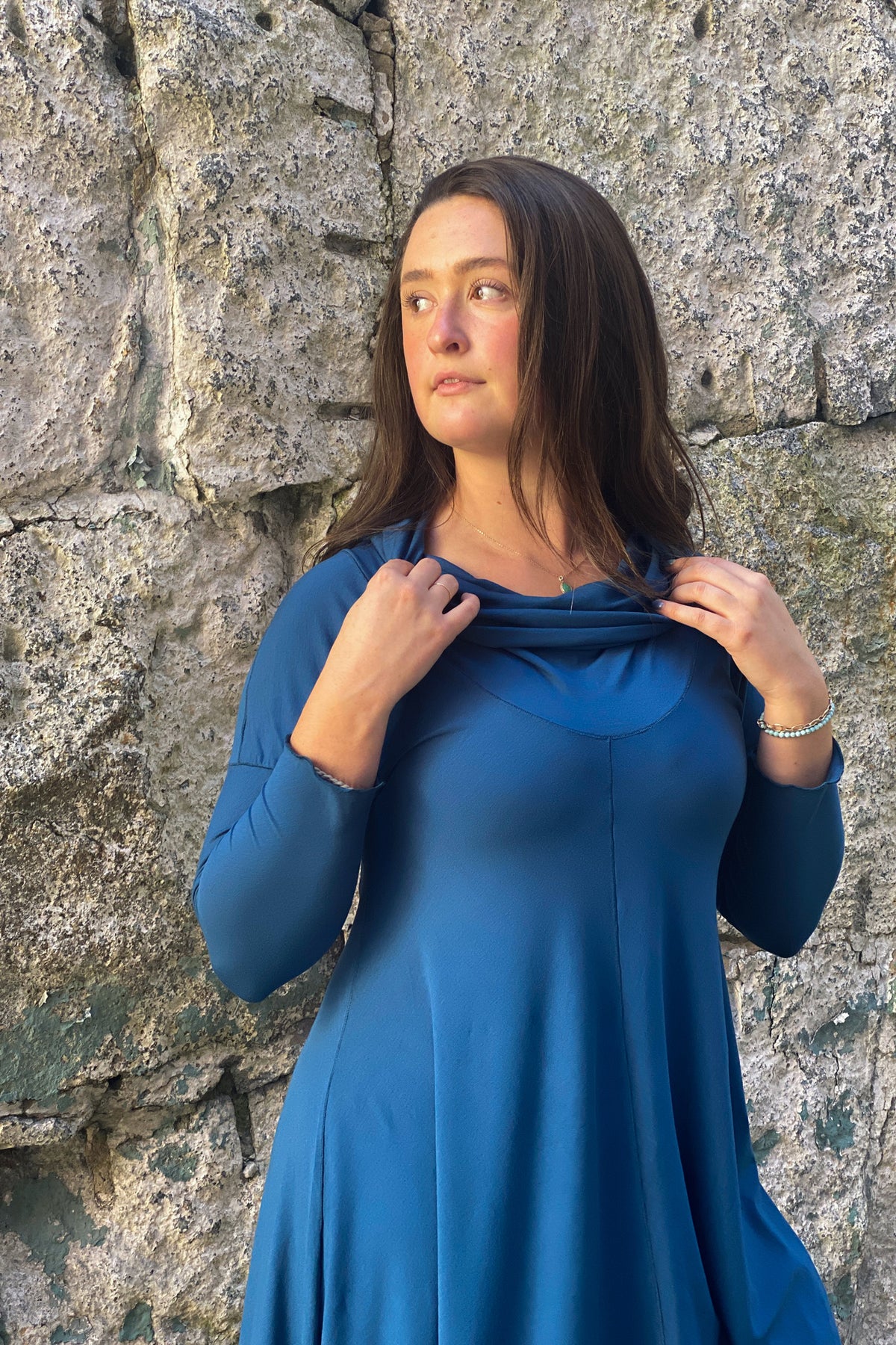 gale cowl neck tunic dress in tissue lake