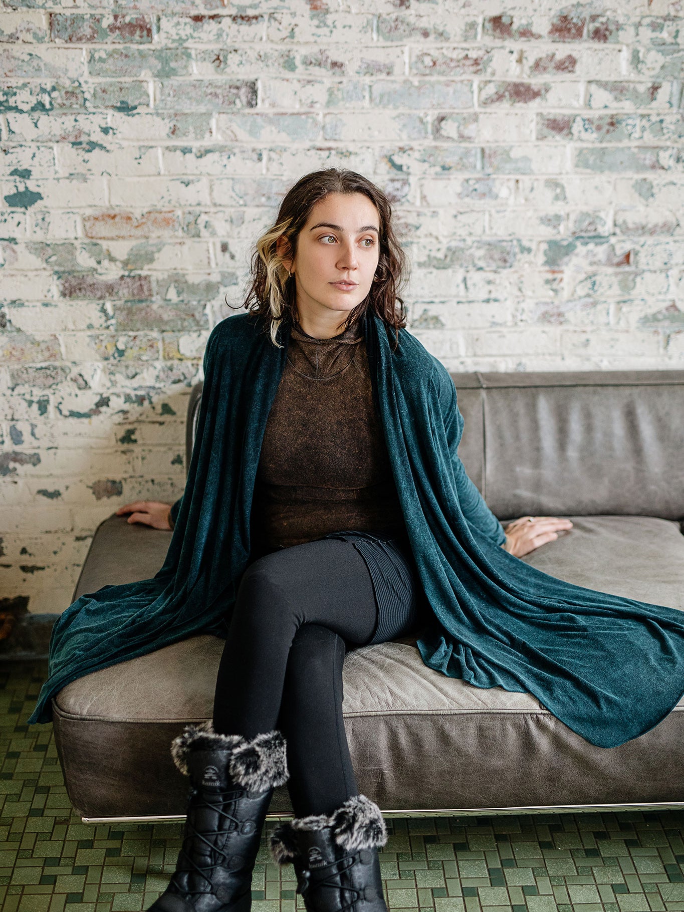 garden coat in blue mineral over scuba top in warm mineral