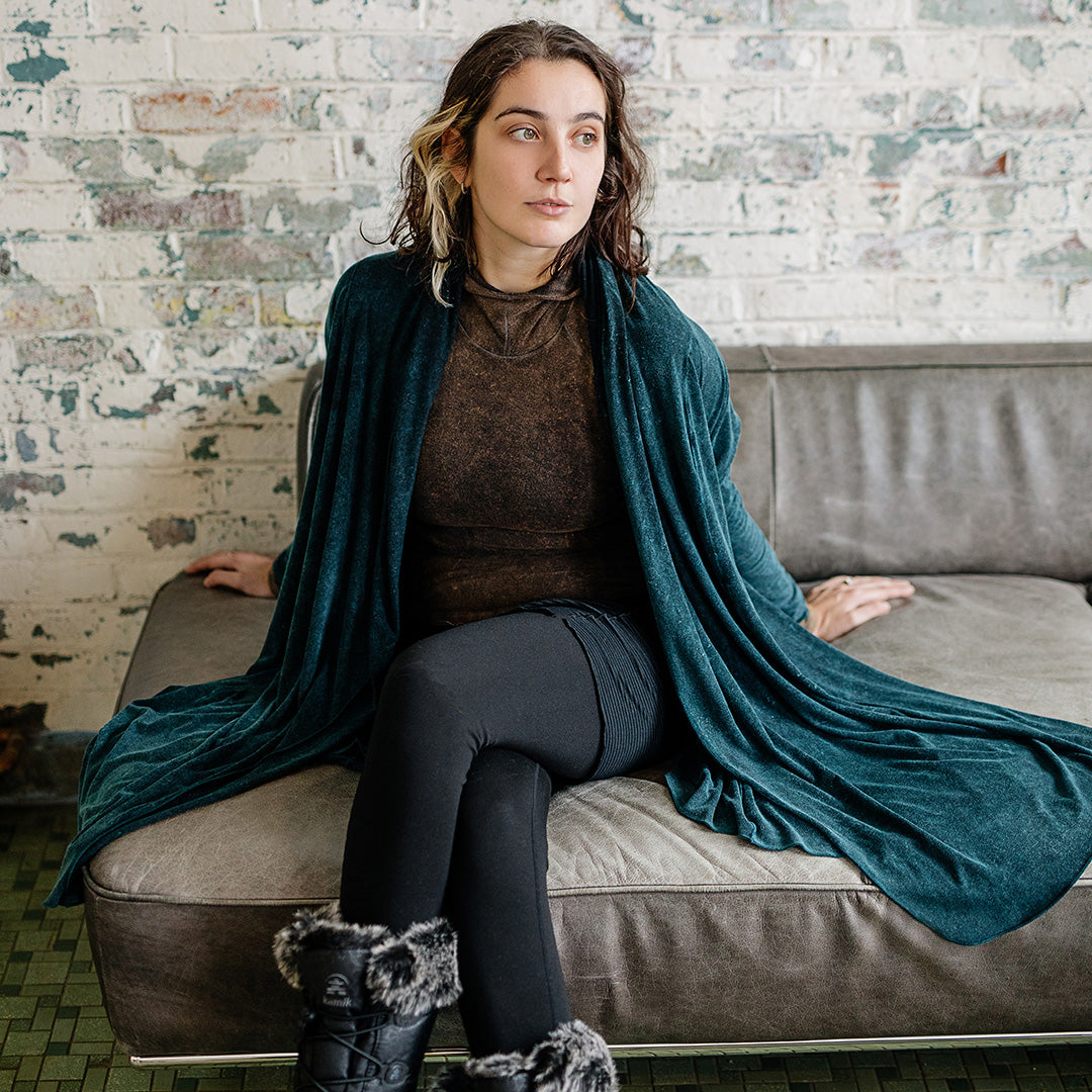 garden coat in blue mineral worn with mineral scuba