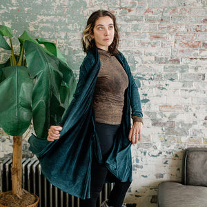 garden coat in blue mineral worn with mineral scuba