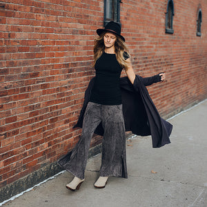 harlow elegant convertible wide leg pant in mineral with carbon riding coat