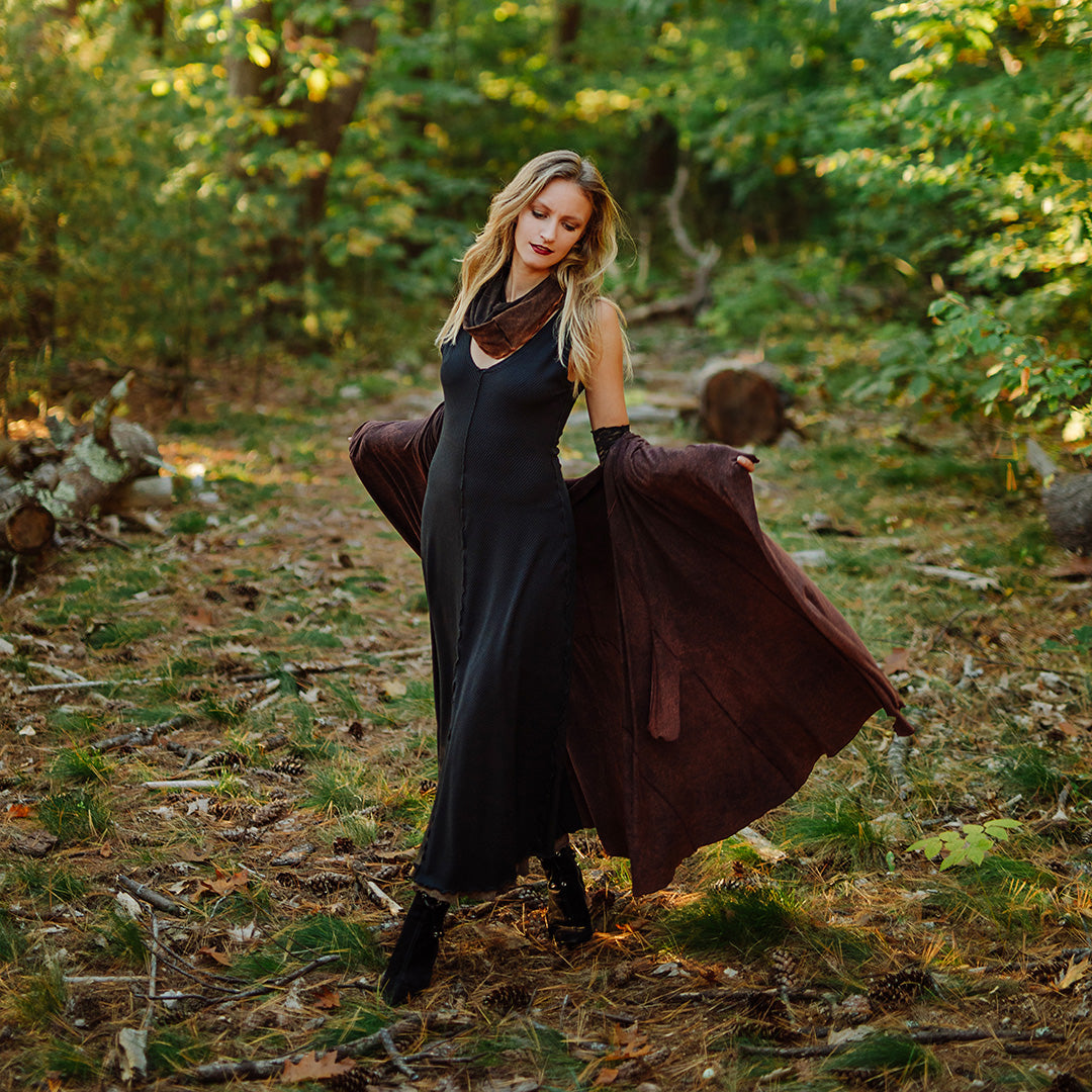 goddess dress in subtle black with garden coat in lush mineral