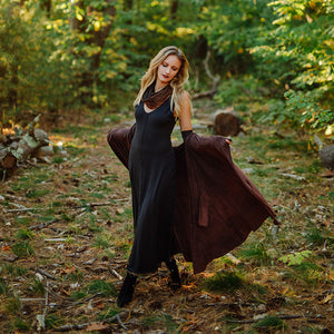 goddess dress in subtle black with garden coat in lush mineral