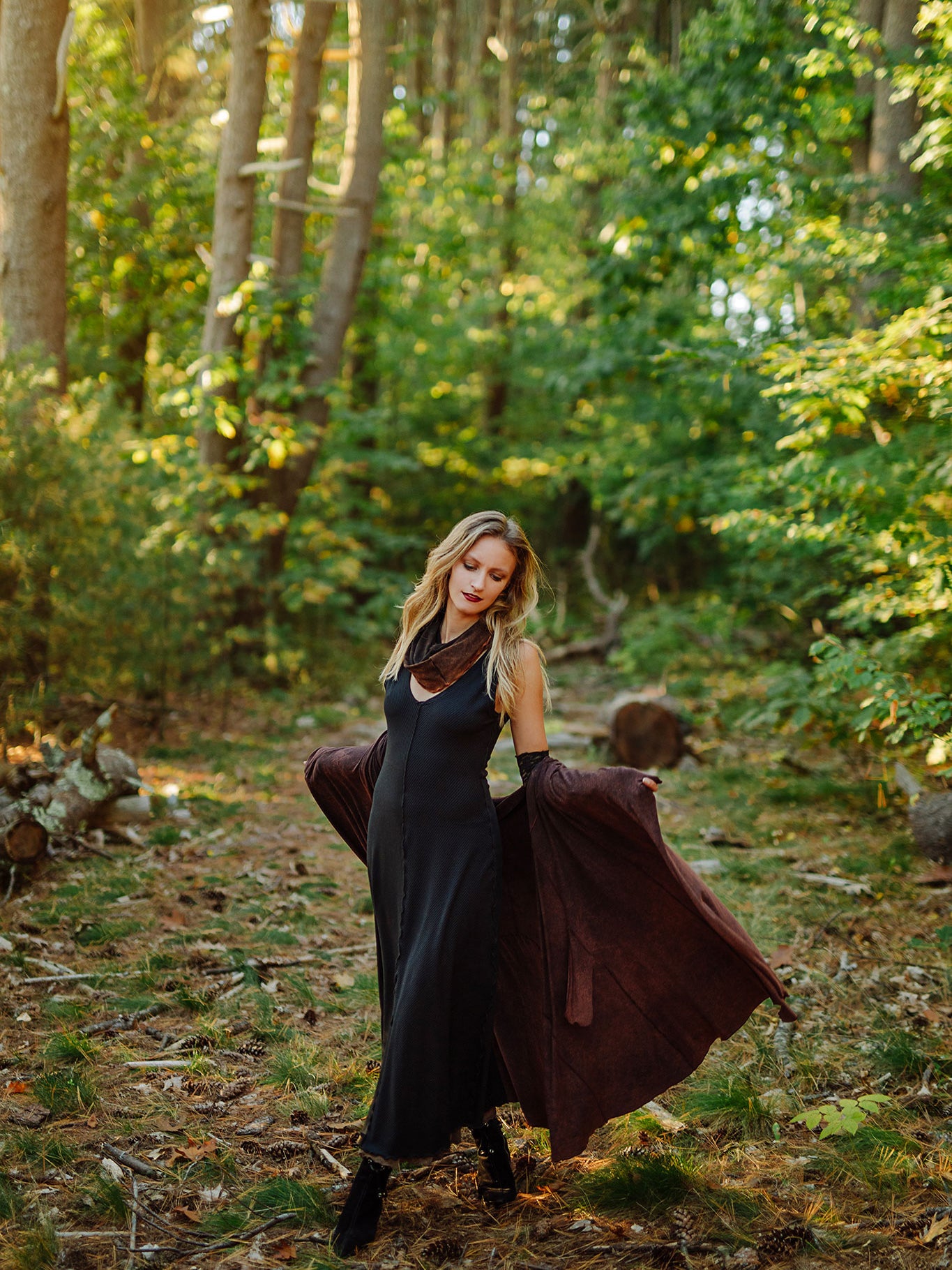 goddess dress in subtle back with garden coat in lush mineral