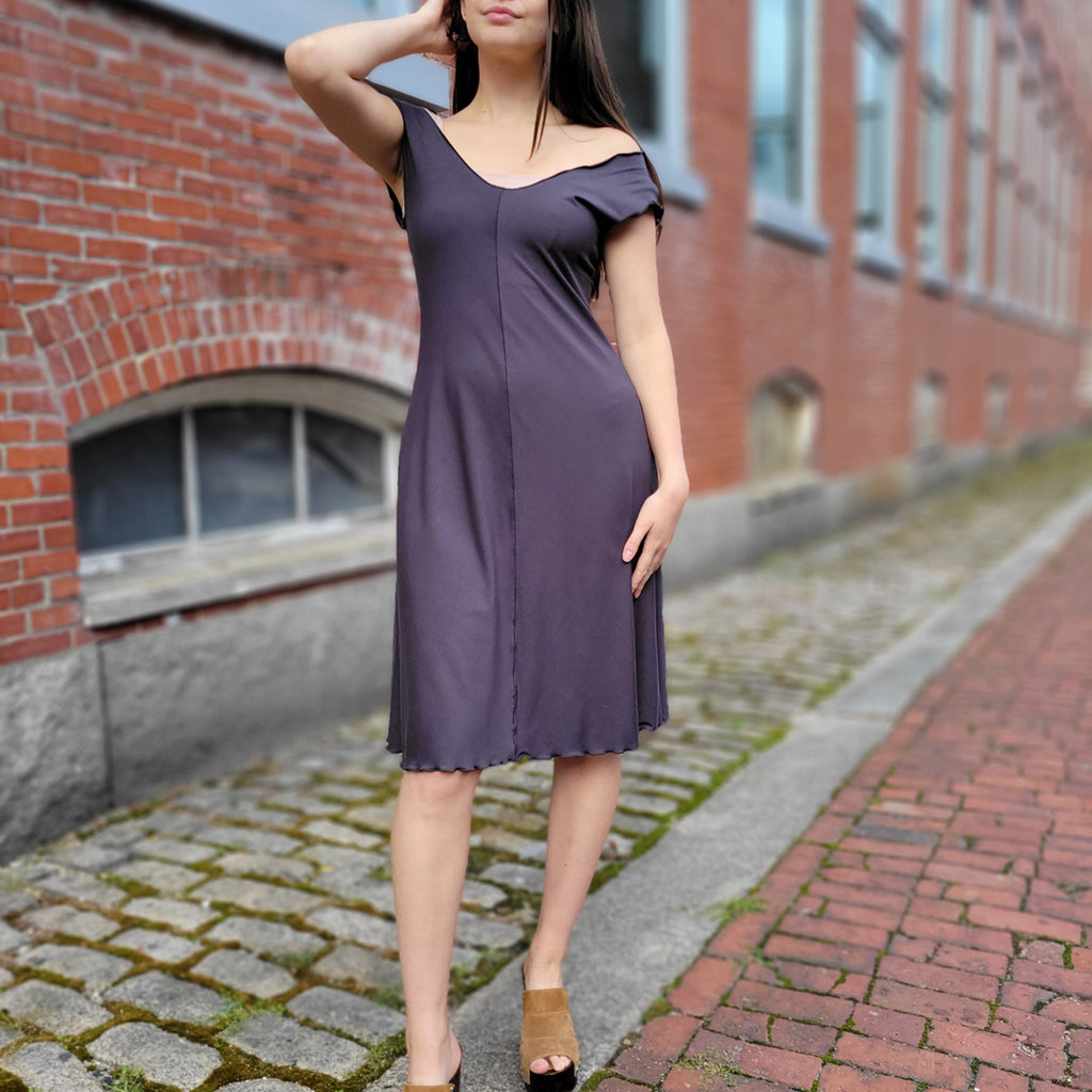 angelrox® flare bias vneck dress in carbon