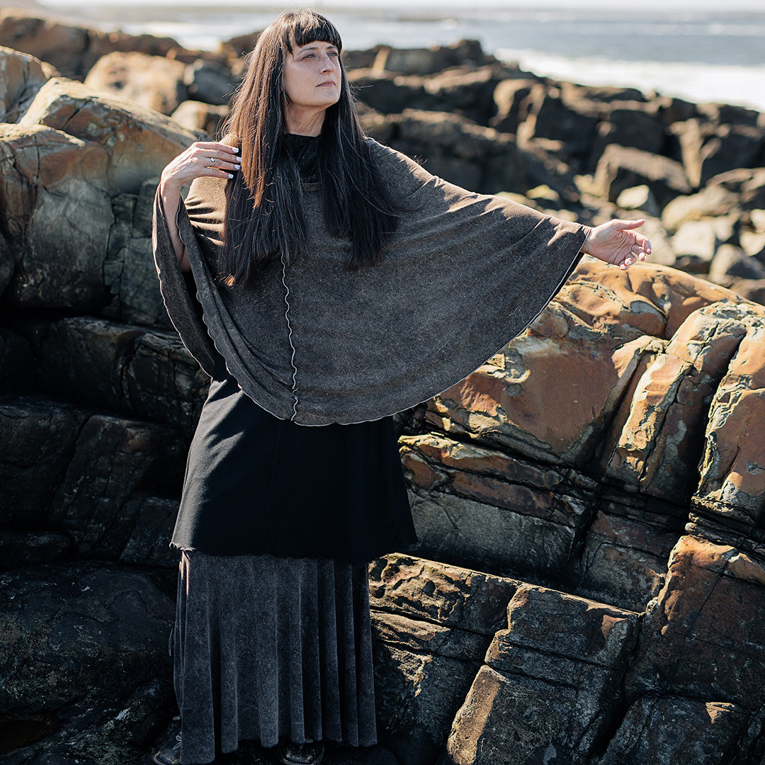 lady flirt dress skirt cozy poncho in mineral + black flare + mineral flirt