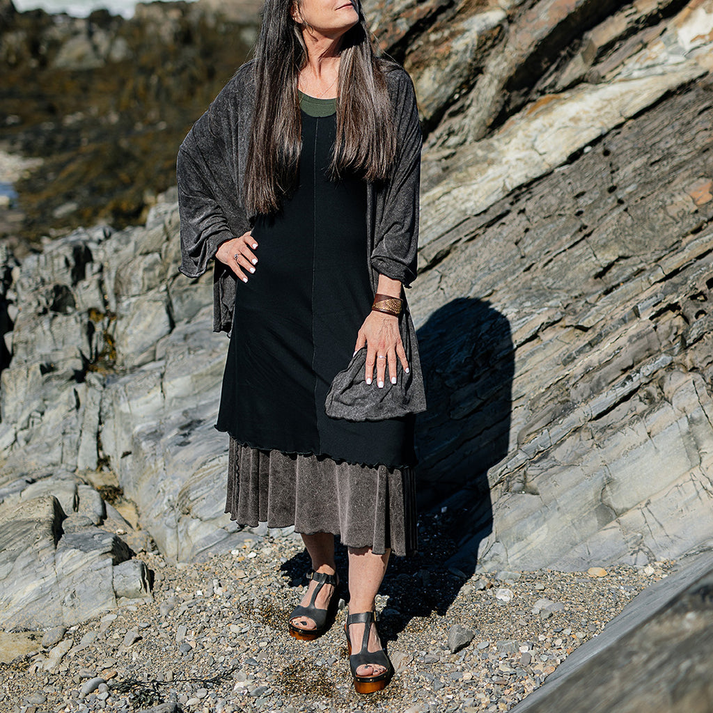 angelrox® flare bias vneck dress in black paired with mineral shawl + mineral flirt