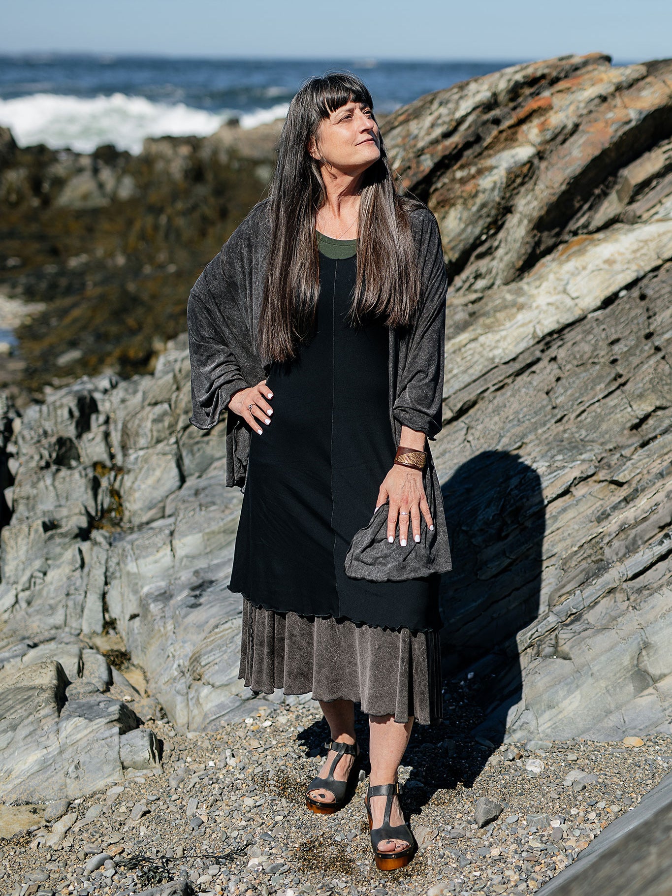 angelrox® flare bias vneck dress in black + mineral flirt + mineral shawl