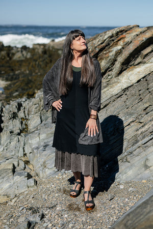 angelrox® flare bias vneck dress in black + mineral flirt + mineral shawl