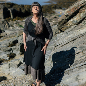 angelrox® flare bias vneck dress in black + mineral shawl + mineral flirt