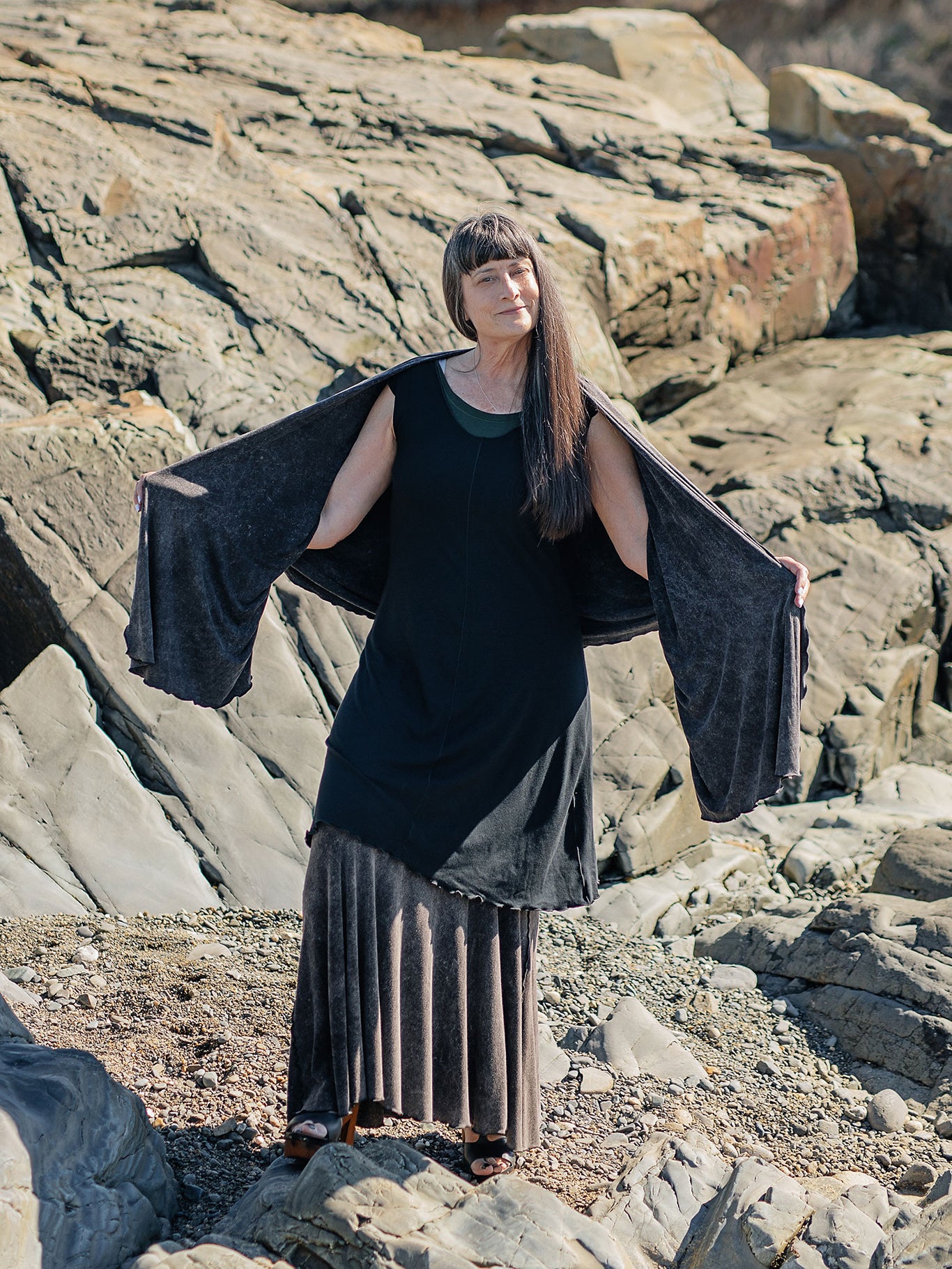 flare bias vneck dress in black styled with mineral flirt + mineral shawl
