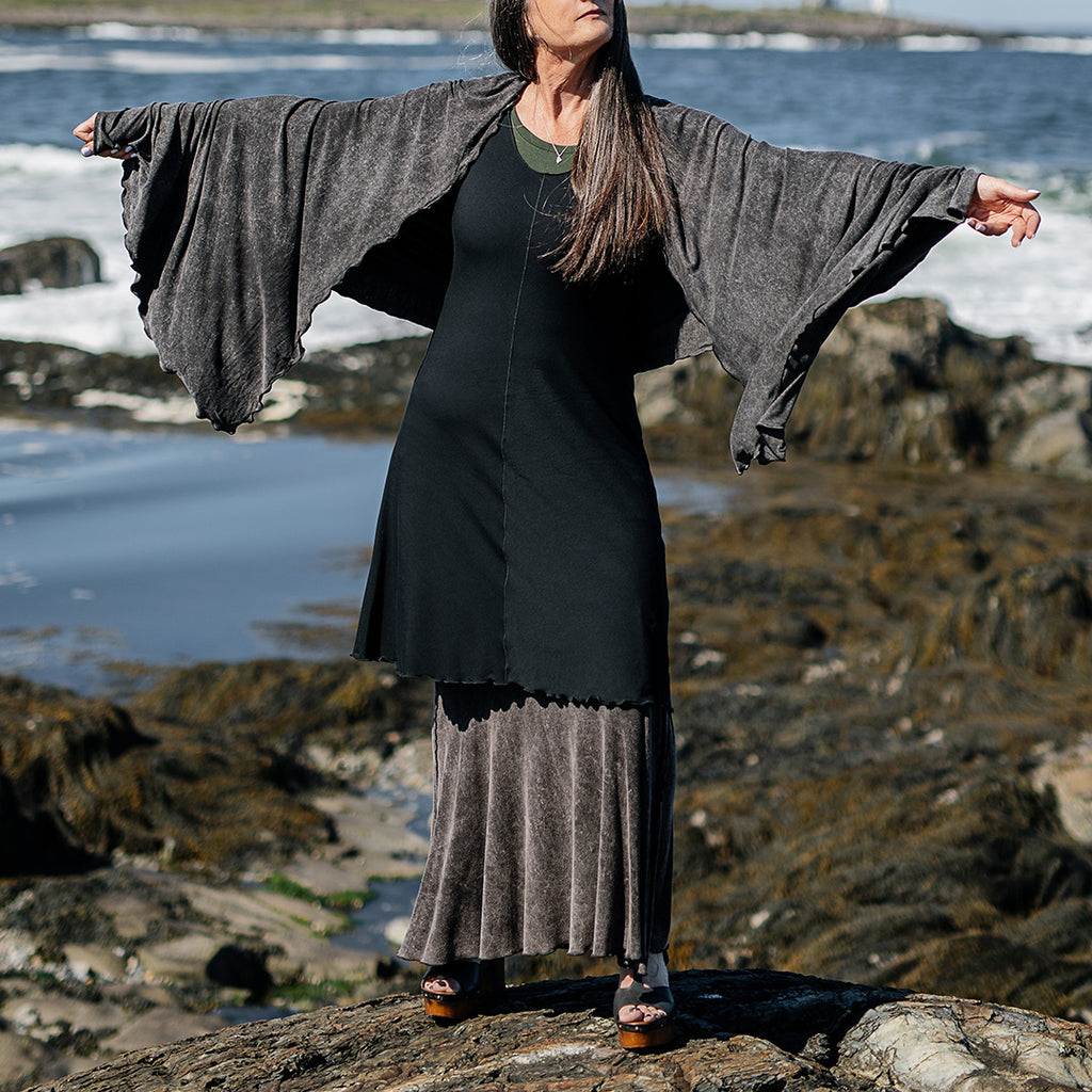  flare bias vneck dress in black paired with mineral shawl + mineral flirt