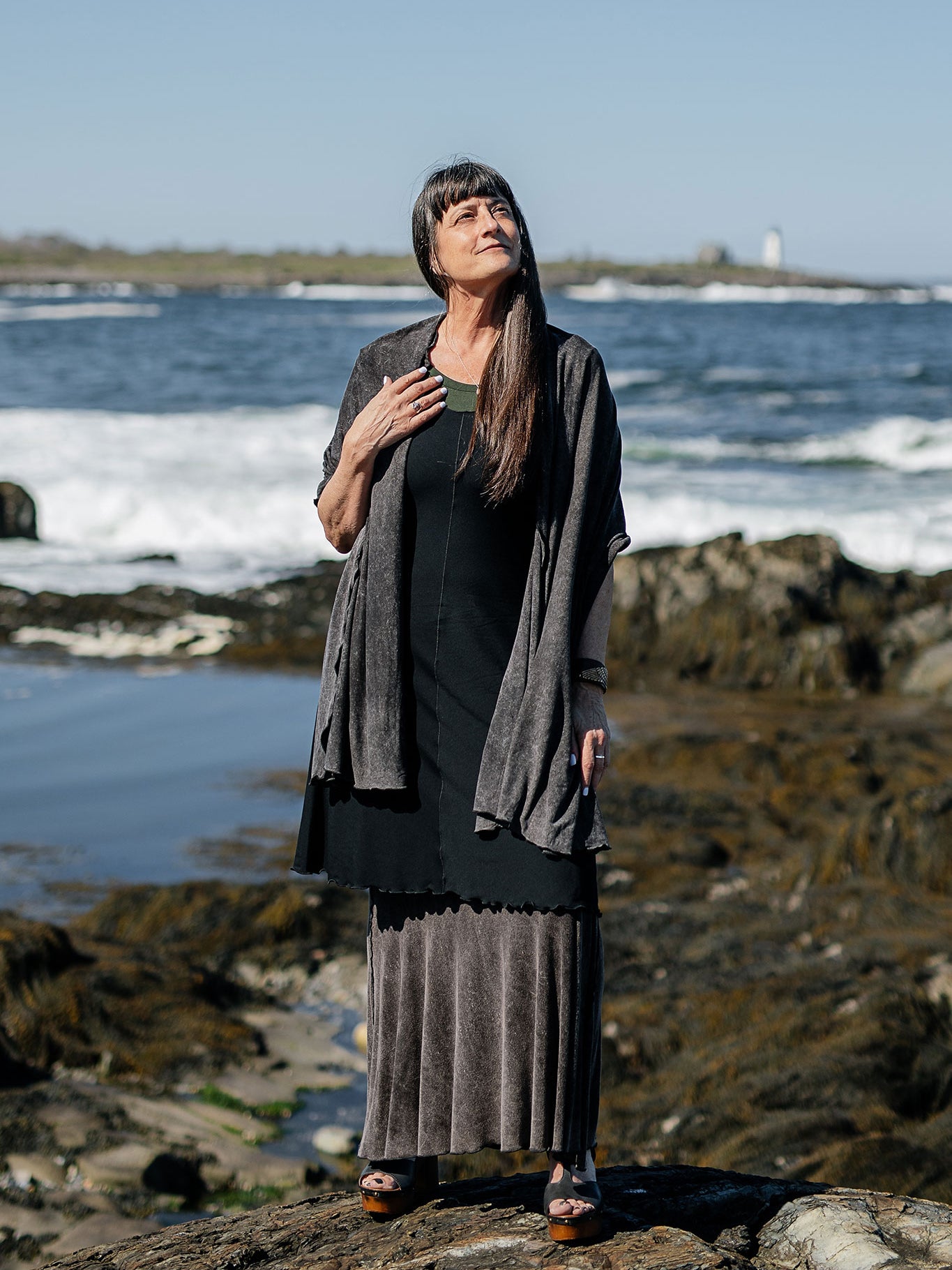angelrox® flare bias vneck dress in black paired with mineral flirt + mineral shawl