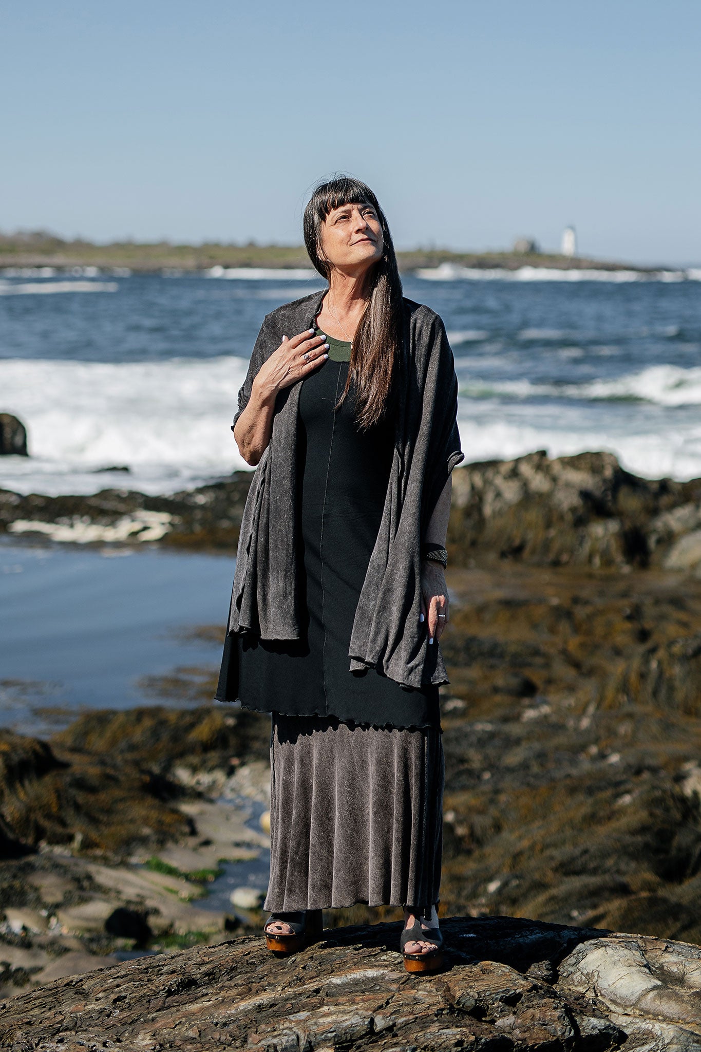 angelrox® flare bias vneck dress in black paired with mineral flirt + mineral shawl