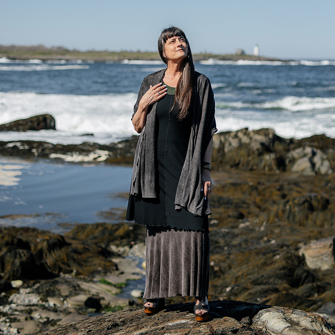 angelrox® flare bias vneck dress in black styled with mineral shawl + mineral flirt