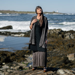 angelrox® flare bias vneck dress in black styled with mineral shawl + mineral flirt