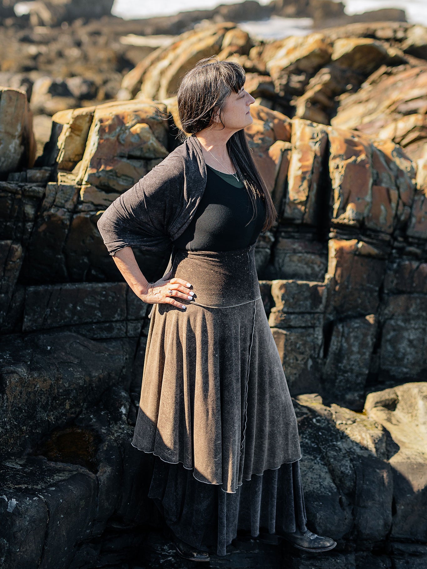  lady flirt  in mineral styled with black flare + mineral flirt + mineral shawl