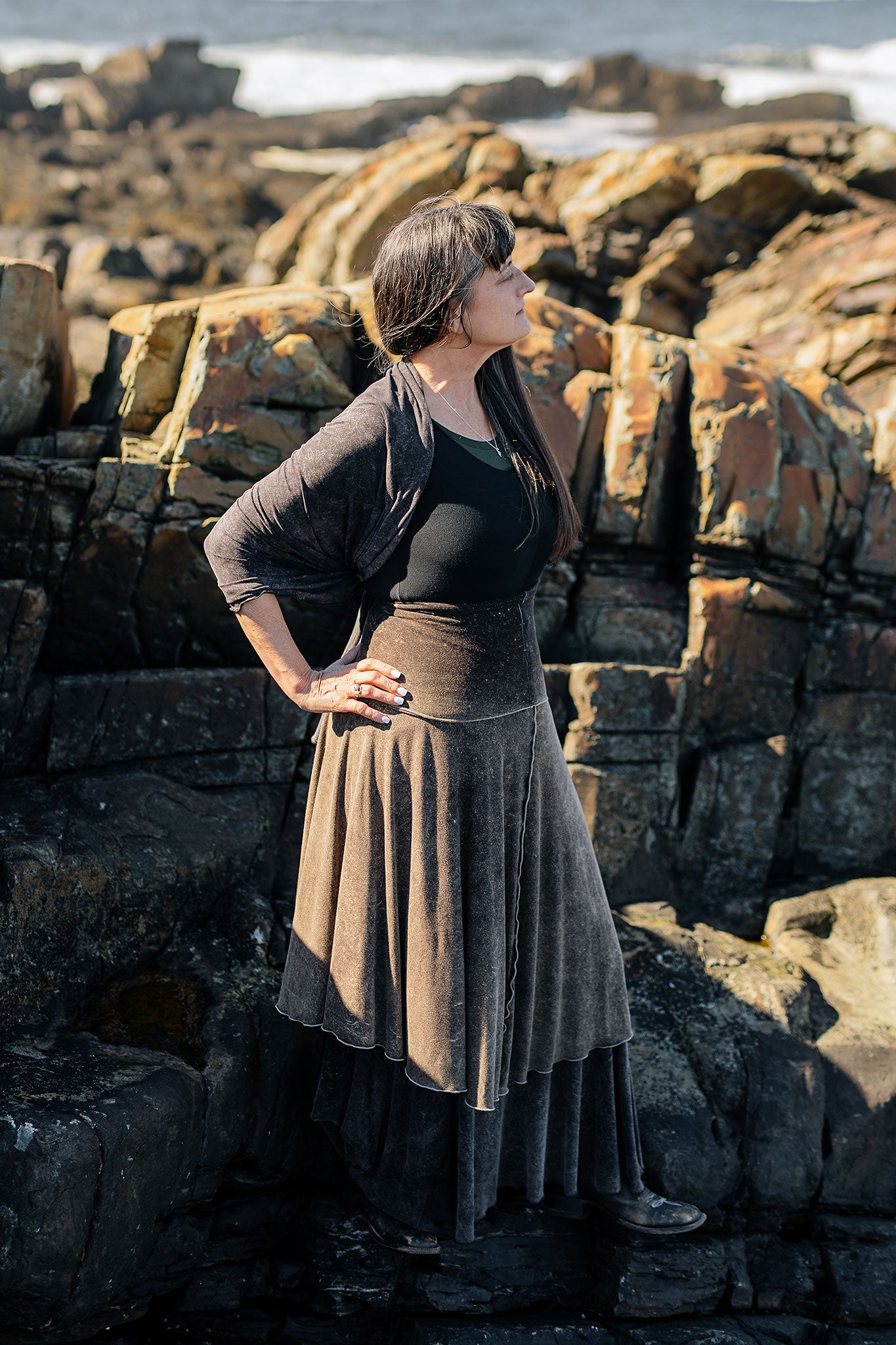  lady flirt  in mineral styled with black flare + mineral flirt + mineral shawl