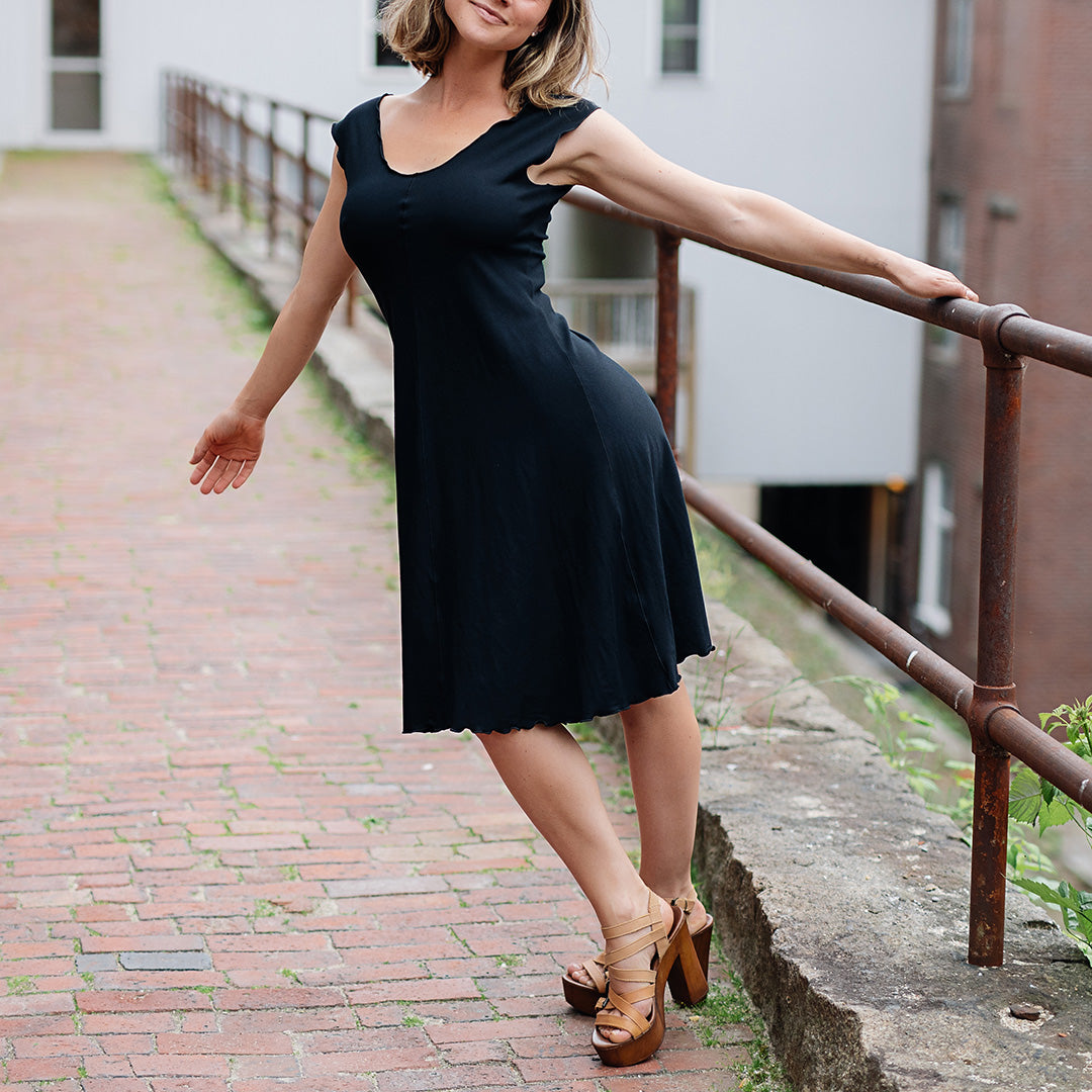 flare bias vneck dress in black
