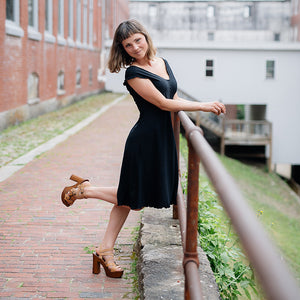 flare bias vneck dress in subtle black 