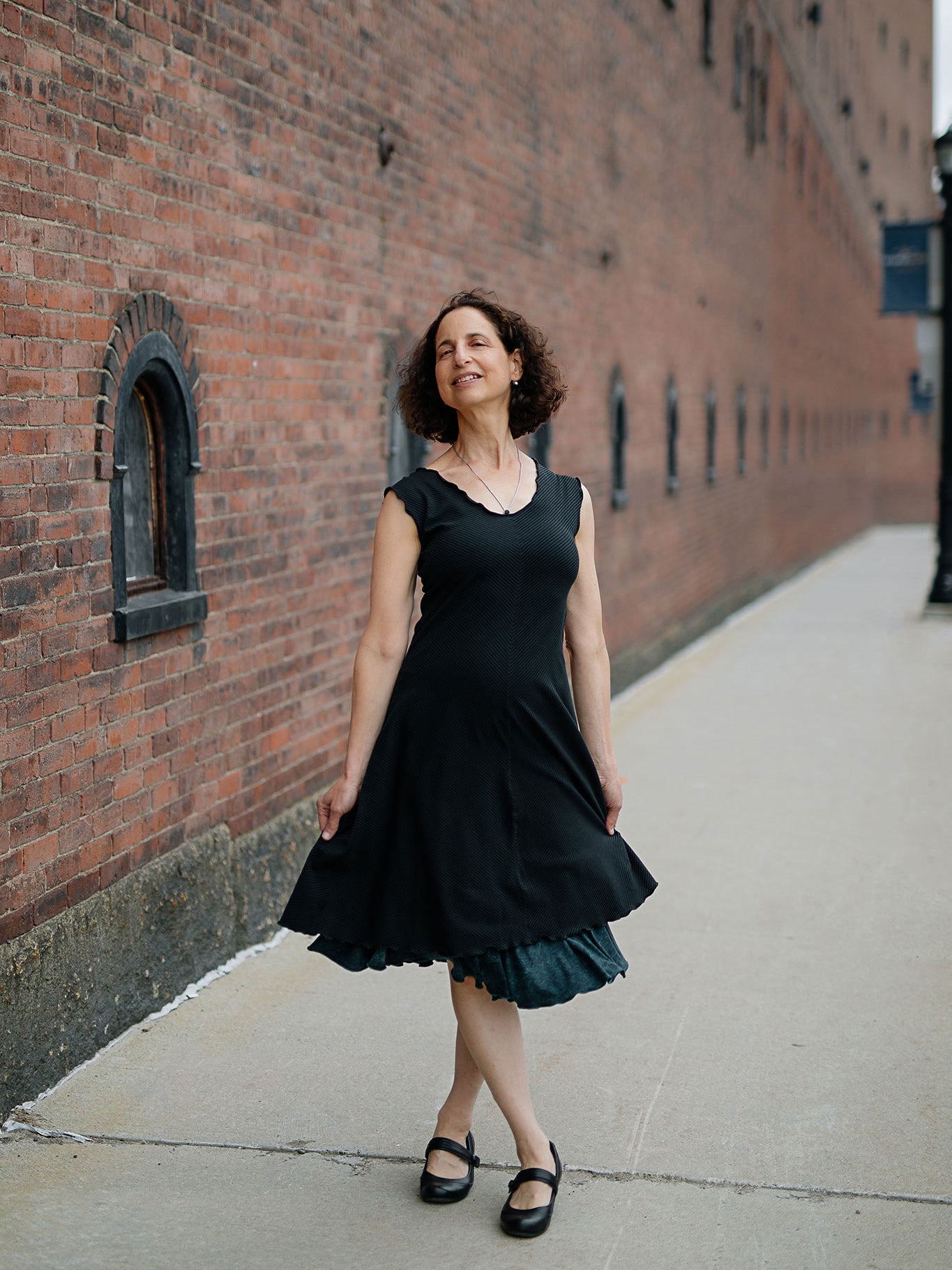 angelrox® flare bias vneck dress in subtle black paired with blue mineral flirt