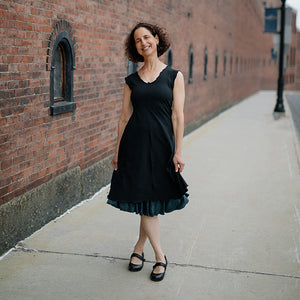 angelrox® flare bias vneck dress in subtle black paired with blue mineral flirt