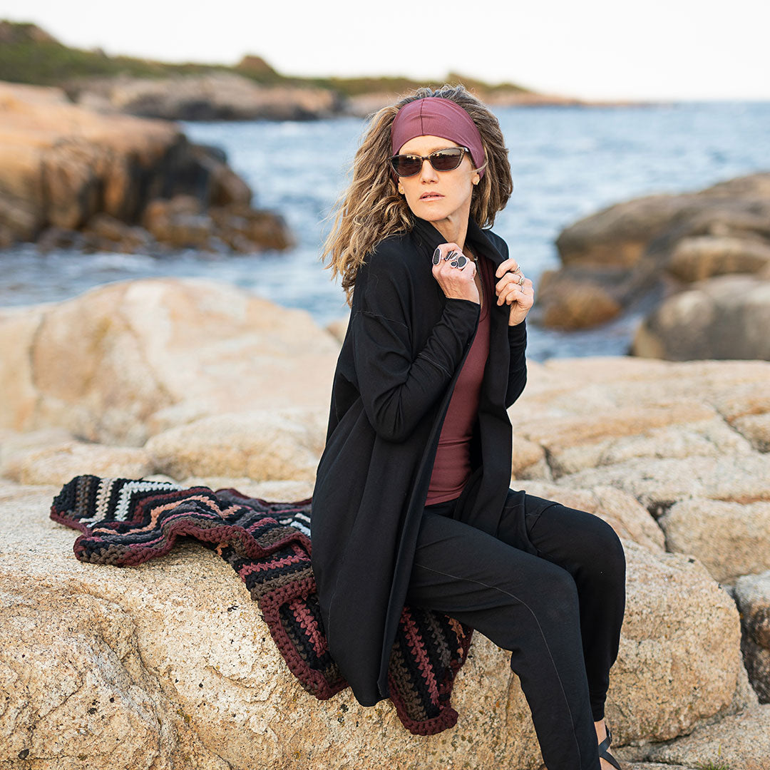 coco blazer in black, kiss headband in lush, core tank in lush, jogger in black, reiki weighted blanket