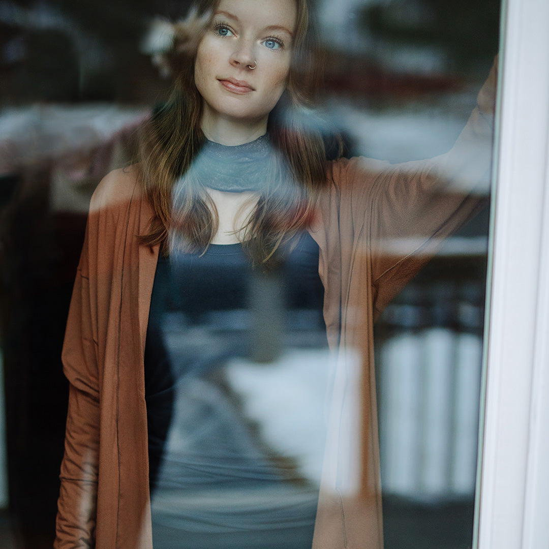 coco comfort blazer in cedar styled with black playsuit + carbon core + mineral band