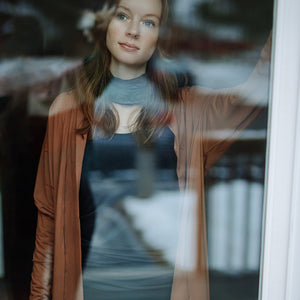 coco comfort blazer in cedar styled with black playsuit + carbon core + mineral band