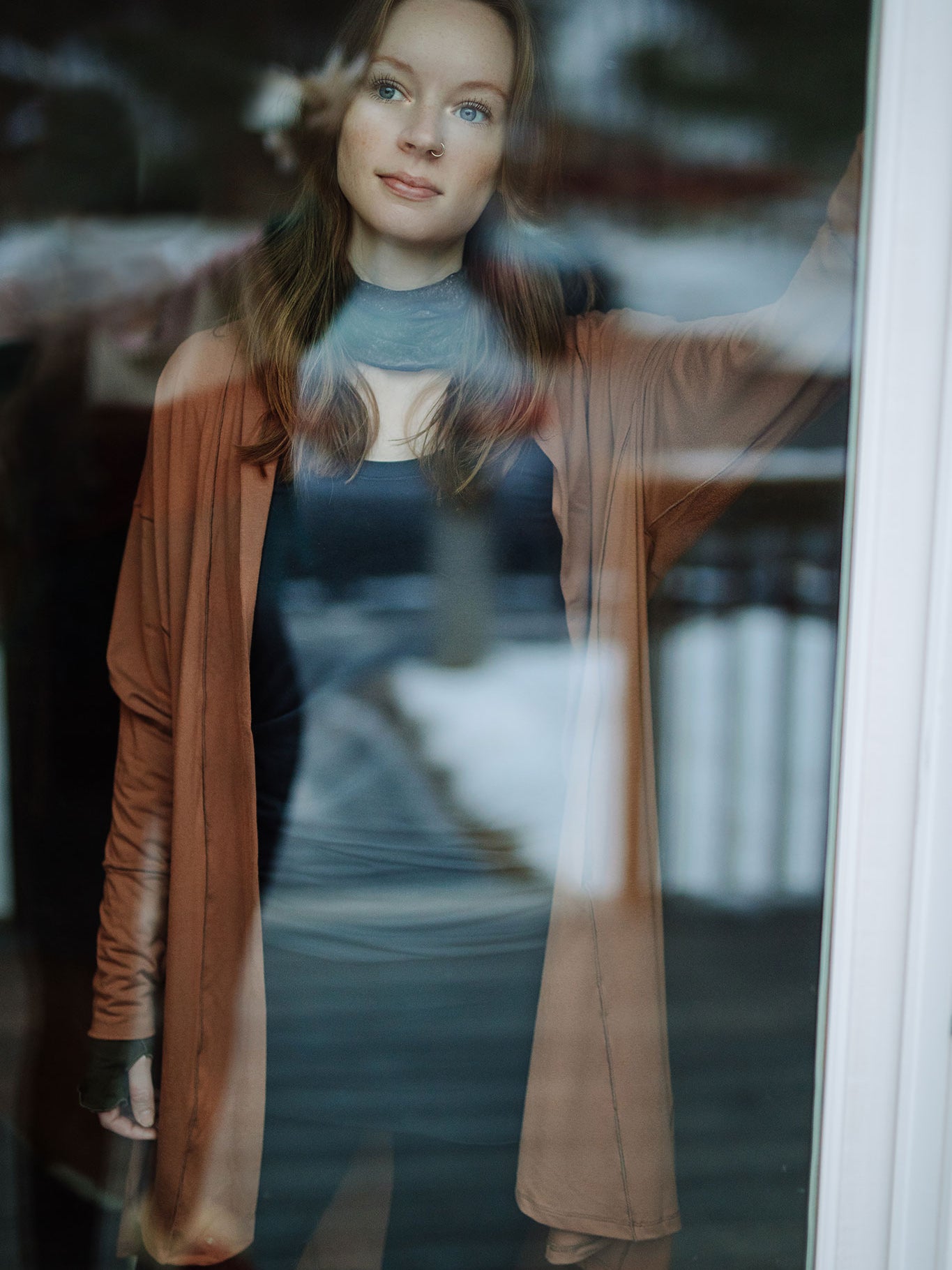 coco blazer in cedar paired with black playsuit, and carbon core tank