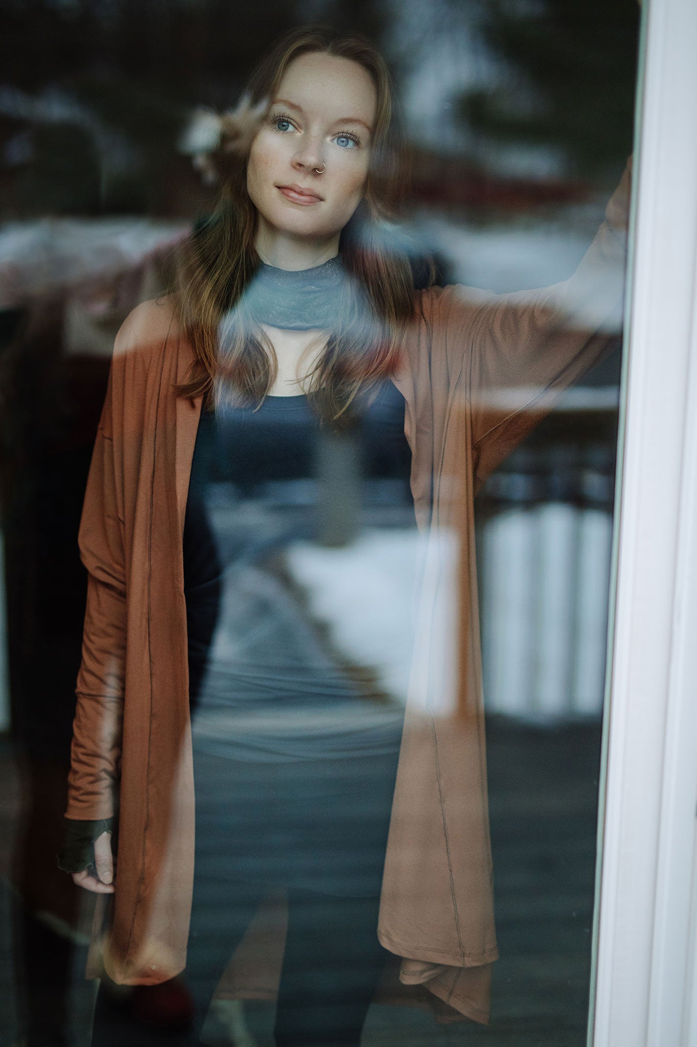 coco blazer in cedar paired with black playsuit, and carbon core tank