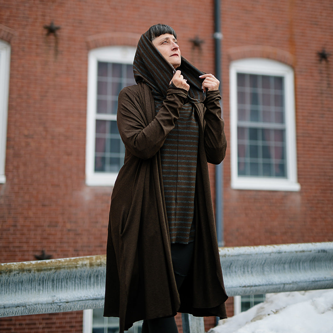 coco blazer in espresso with mountain in woodland