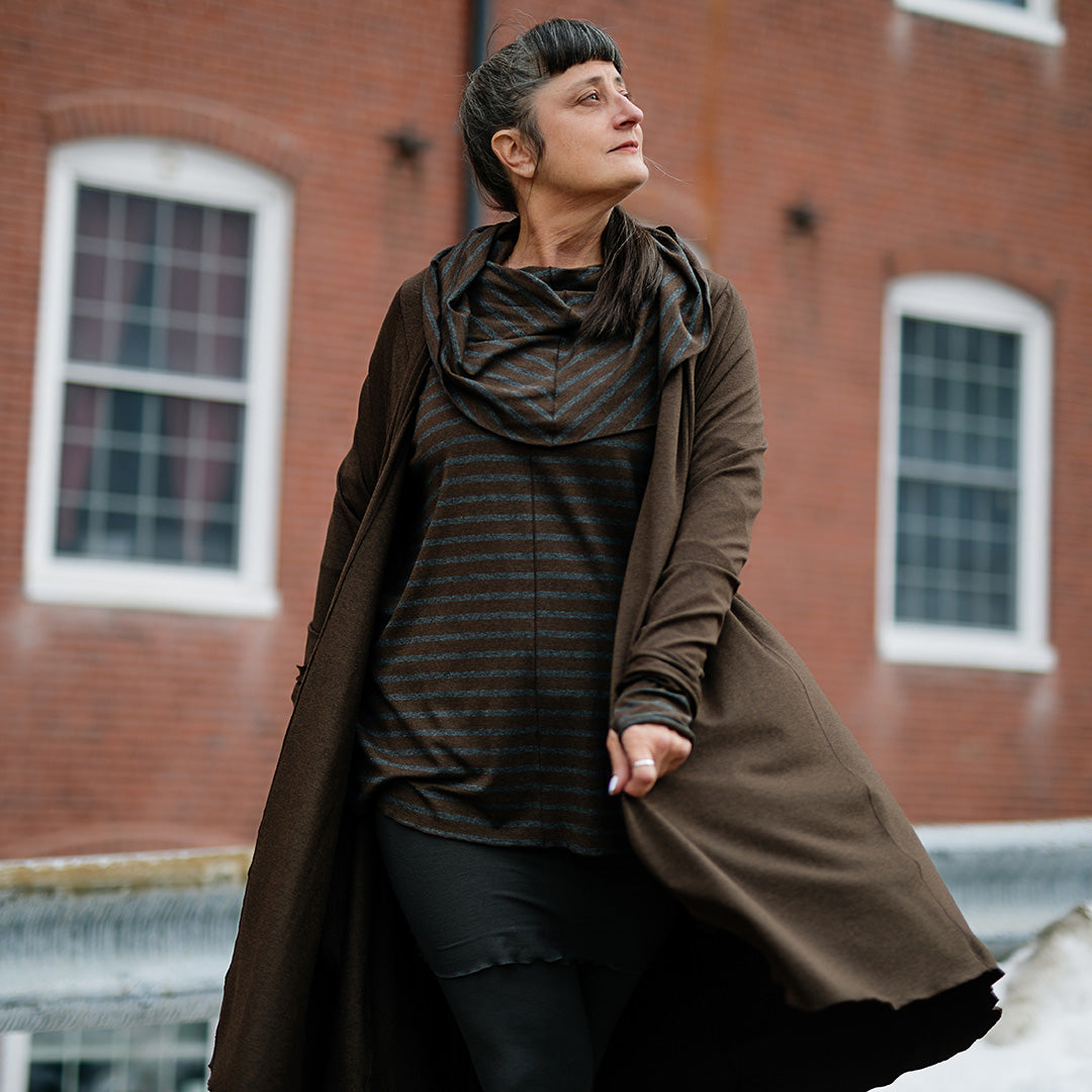 coco blazer in espresso with mountain in woodland