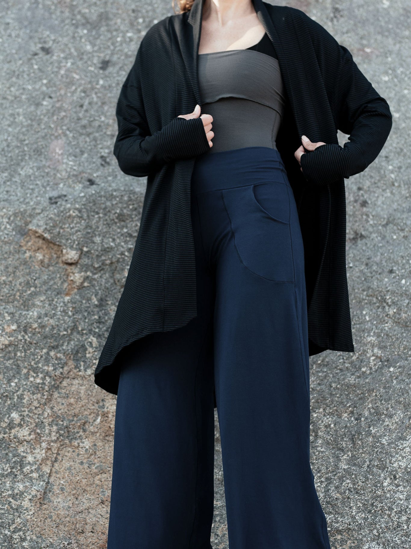 subtle black stripe coco blazer + harlow pant in navy