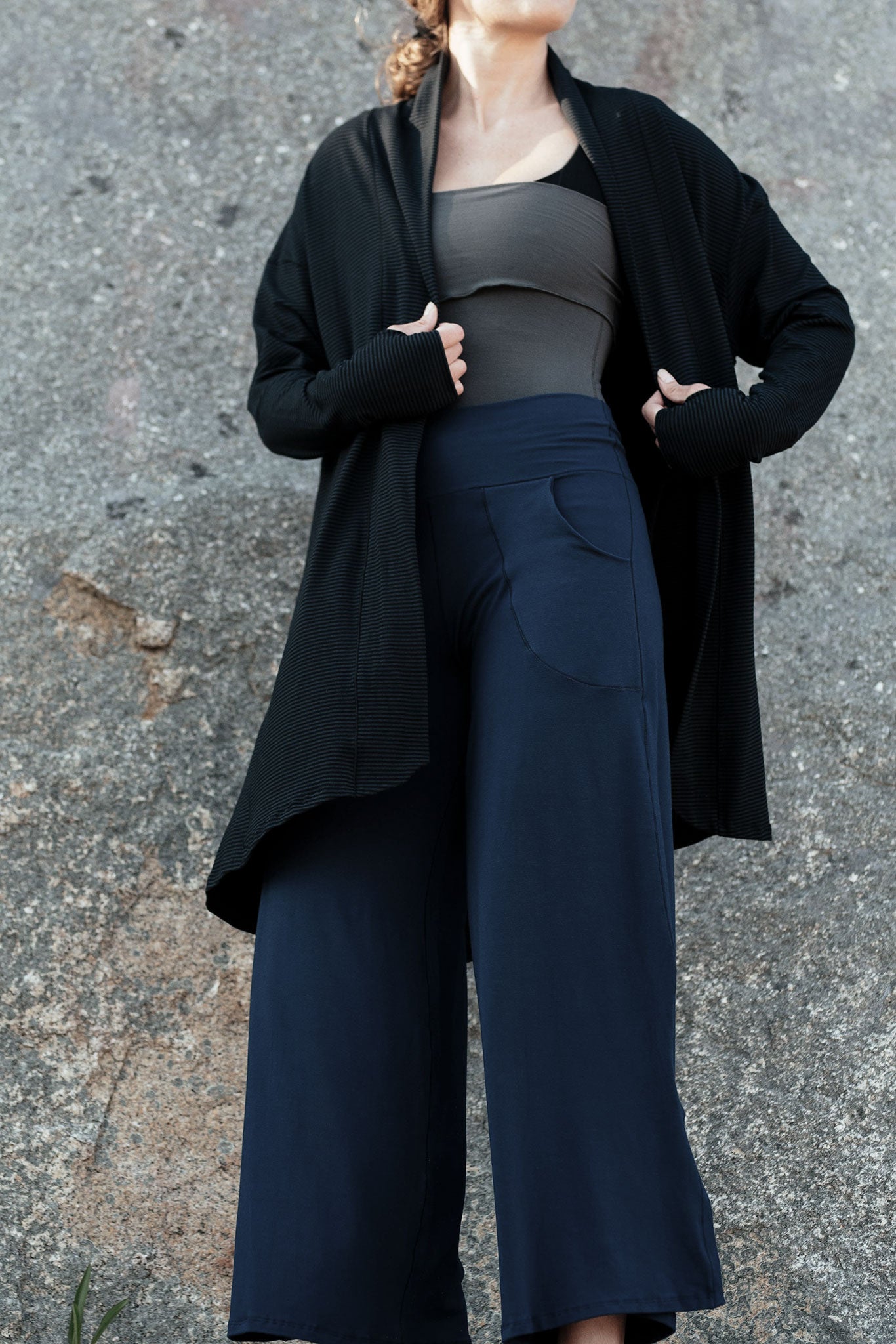 subtle black stripe coco blazer + harlow pant in navy