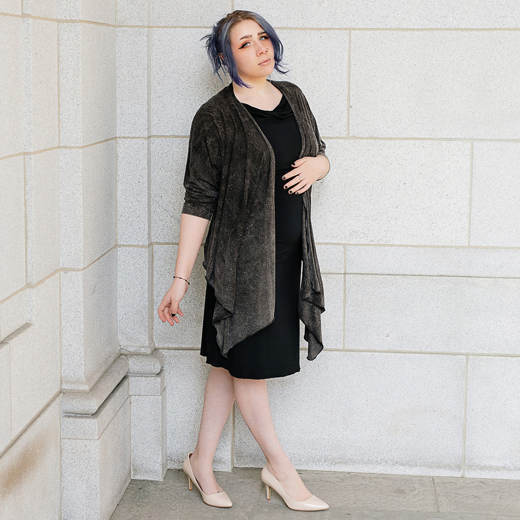 prima wrap jacket in mineral with black graceful dress