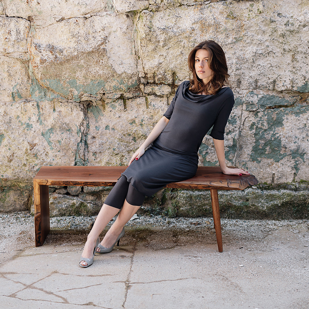 capri base legging in carbon with graceful dress in carbon