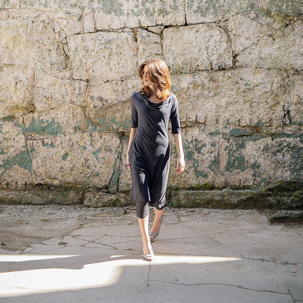 graceful dress in carbon with capri base legging in carbon