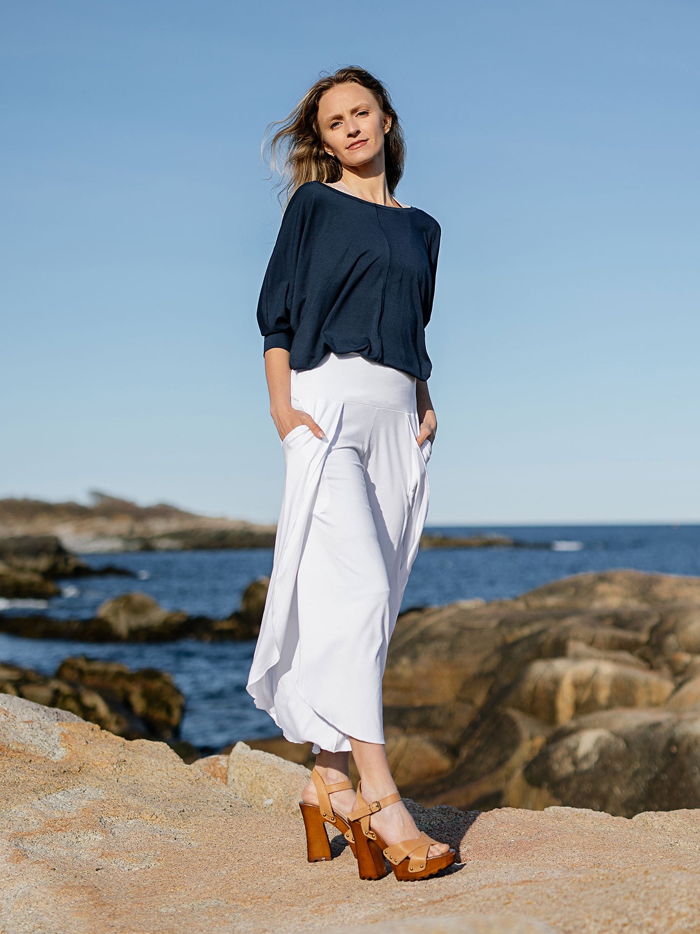 white petal pant paired with navy pop top