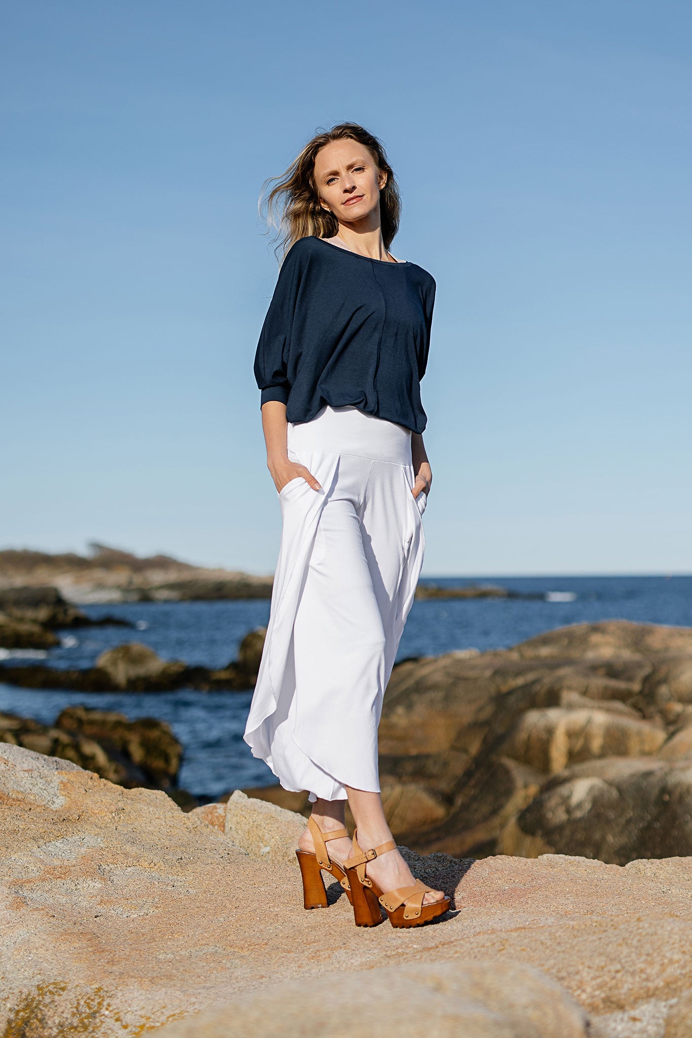 white petal pant paired with navy pop top
