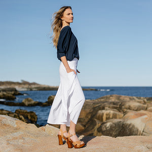 white petal pant paired with navy pop top