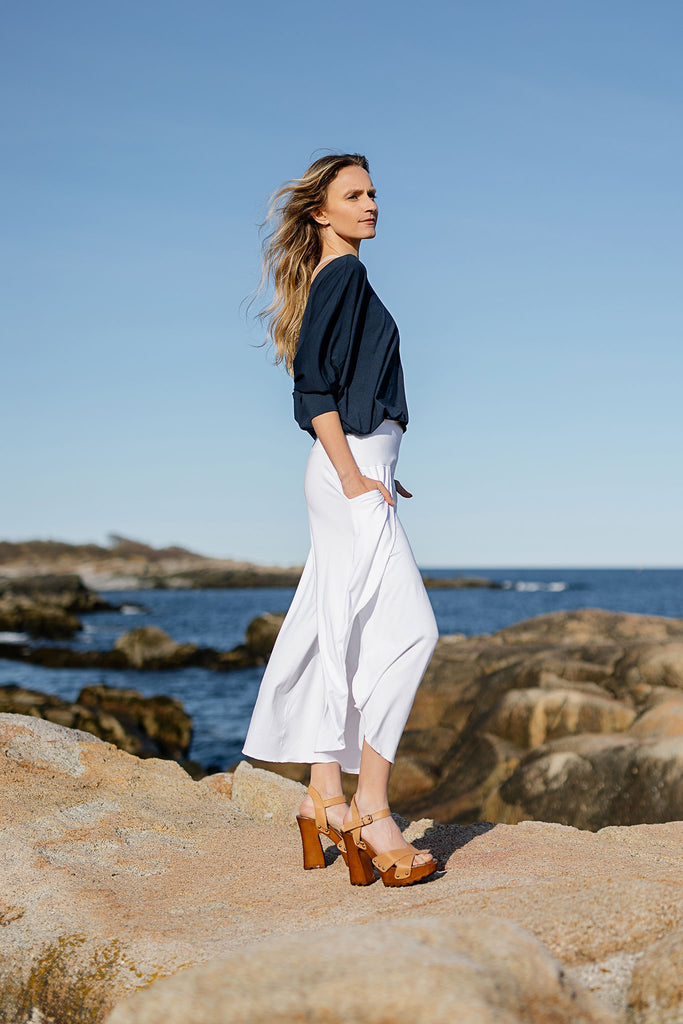white petal pant paired with navy pop top