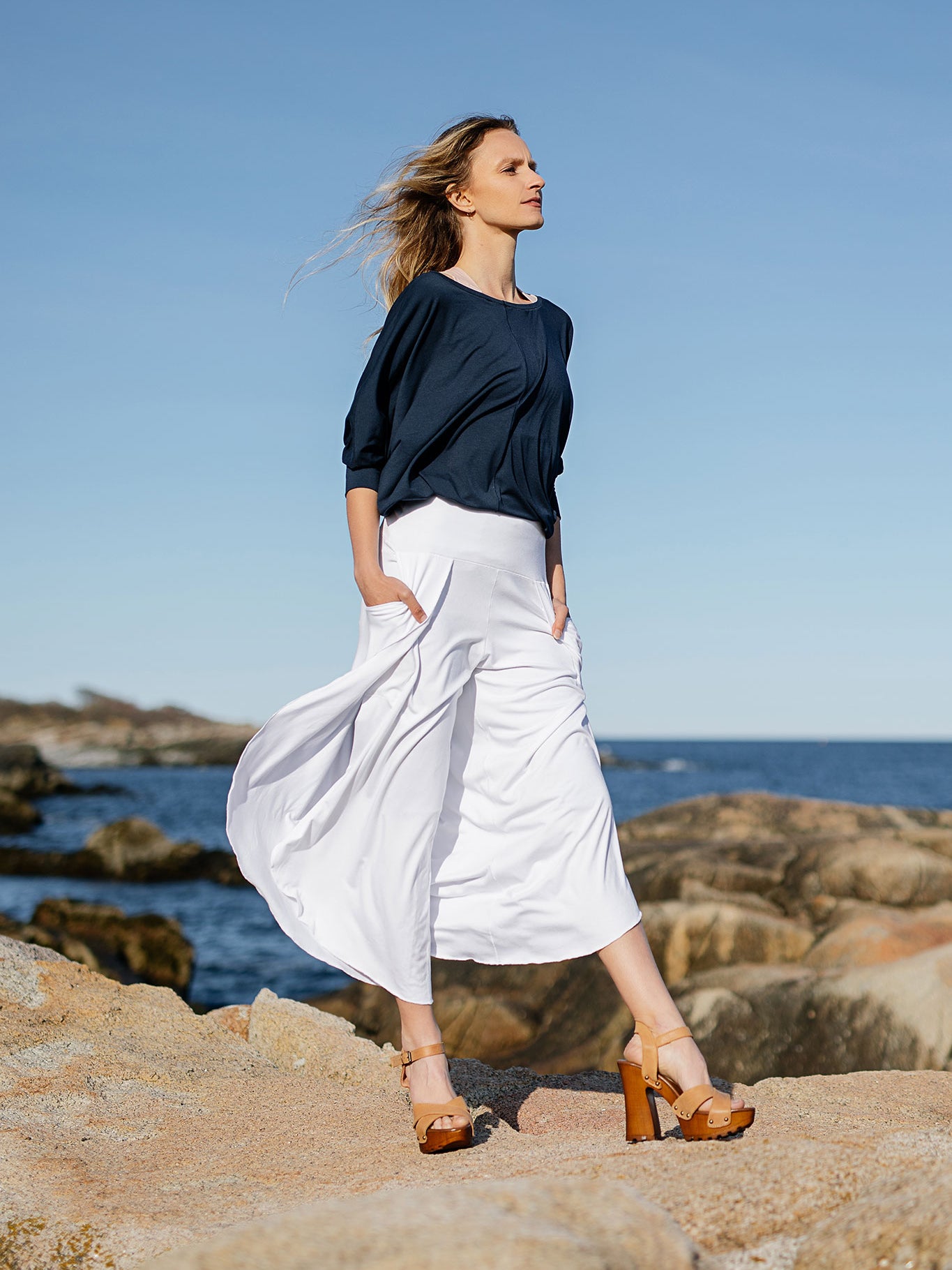 white petal pant paired with navy pop top