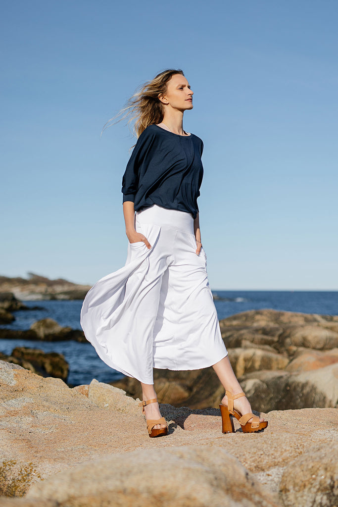 white petal pant paired with navy pop top