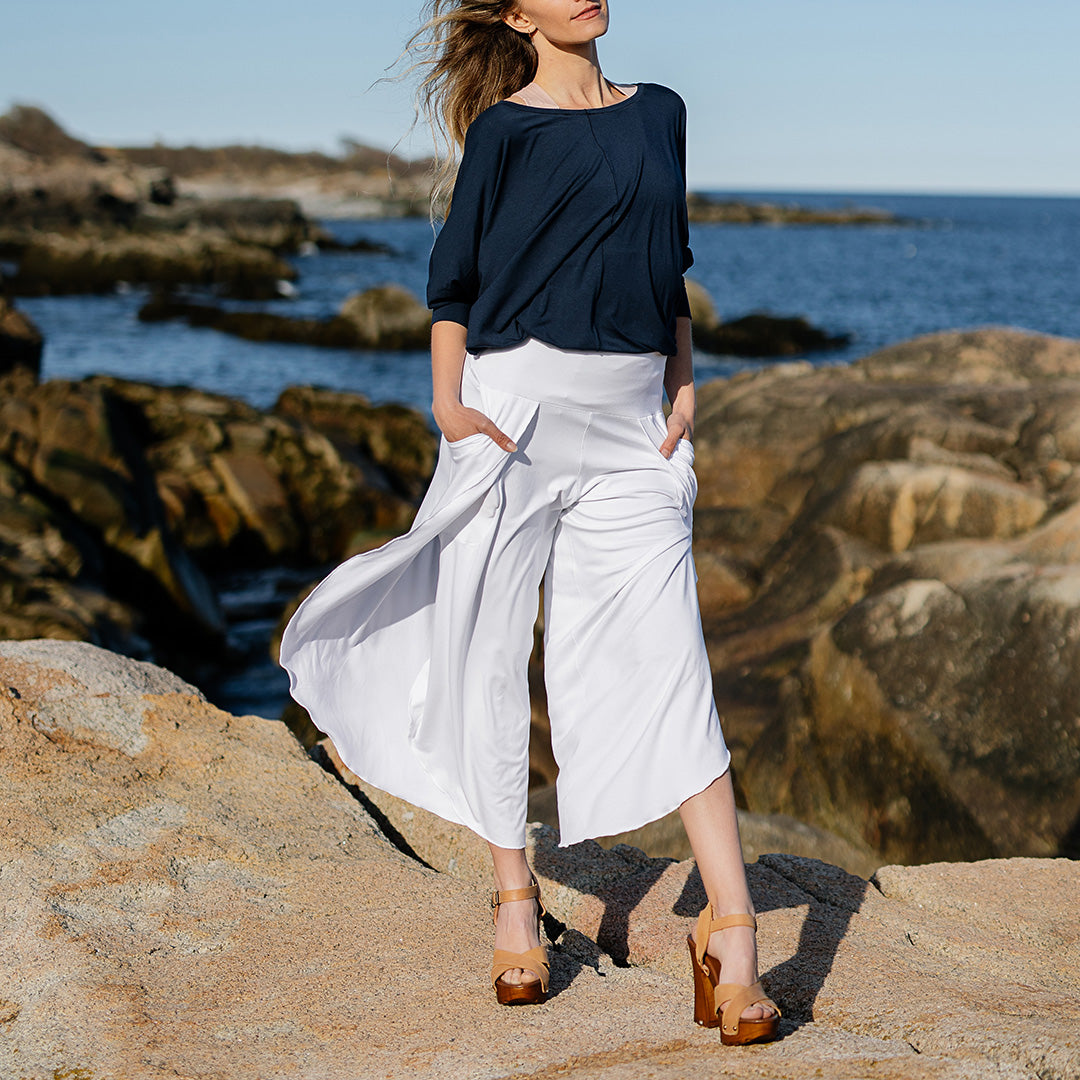 white petal pant paired with navy pop top