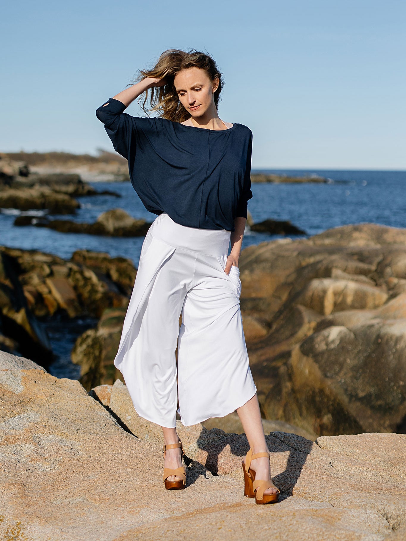 white petal pant paired with navy pop top